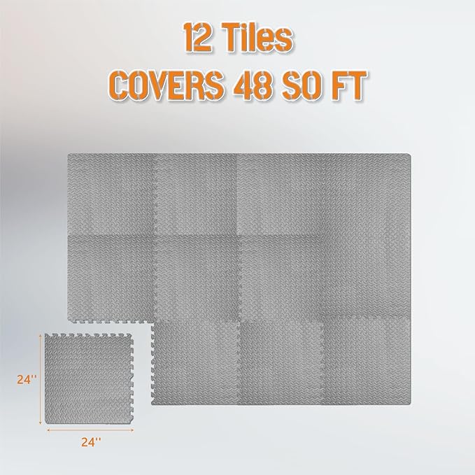 GWT Home Gym Flooring Tiles, EVA Interlocking Puzzle Exercise Mat for Workout Equipment, Floor Protection & Kids Play Area, Black Foam Tiles, 24"x24", 0.4 Inches Thick Covers 48 Sq Ft (12 Tiles) Gray