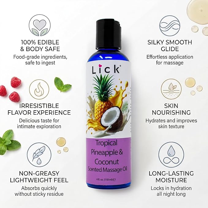 Lick Tropical Coconut and Pineapple Massage Oil – Island-Inspired Edible Massage Oil with Almond Oil & Vitamin E, Smooth Glide for Couples Massage Escapes, 4 oz