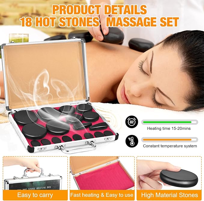 Yunsailing Hot Stones Massage Set 18 Pieces Basalt Hot Rocks Massage Rocks Kit Black Smooth Stones for Professional Home Spa Warming Relaxing Pain Relief, Constant 50°c (122°f)(Temperature Constant)