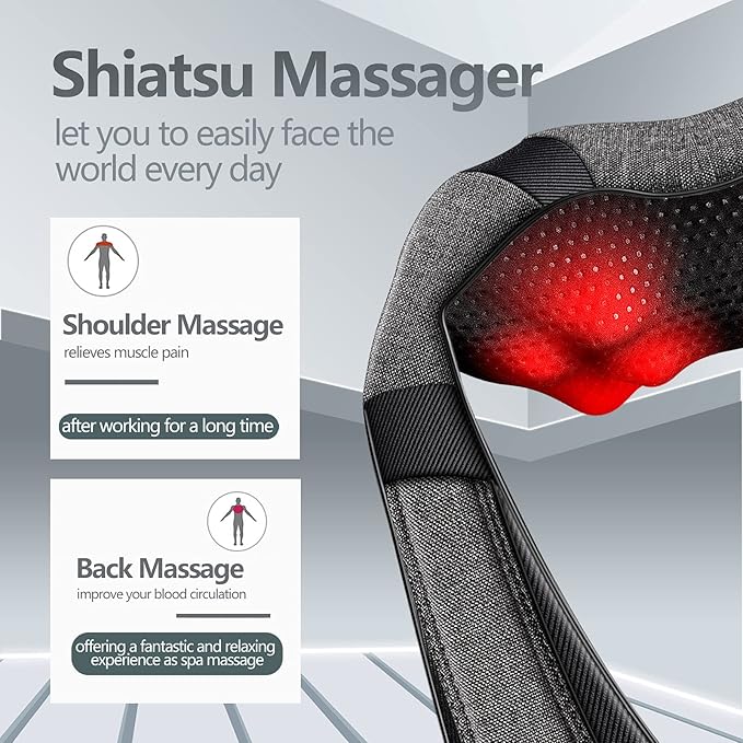 Mirakel Shiatsu Neck & Back Massager with Heat - Deep Tissue Neck, Back & Shoulder Pain Relief - Ergonomic Design Shoulder Massager, Idea Presents for Christmas, Fathers Day, Mothers Day, Women, Men