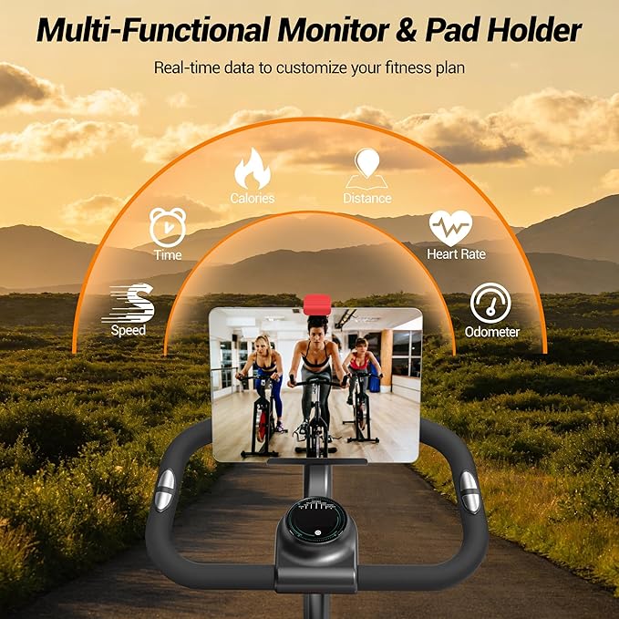 UMAY Exercise Bike,Brake Pad Stationary Bike for Home with Exclusive App, Silent Belt Drive Stationary Workout Bike for Home with Comfort Seat, Low Noise Indoor Cycling Bike with Heart Rate / Tablet & Bottle Holder, 300 LBS Capacity