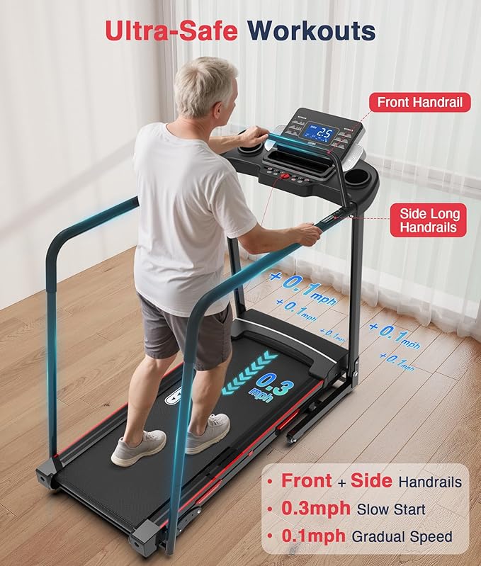 Redliro Walking Treadmill for Seniors Foldable - 400 Lb Capacity Senior Treadmill with Front & Long Handrails, 0%-2% Incline Home Recovery Fitness Exercise Machine for Elder, 47.6” Long Belt