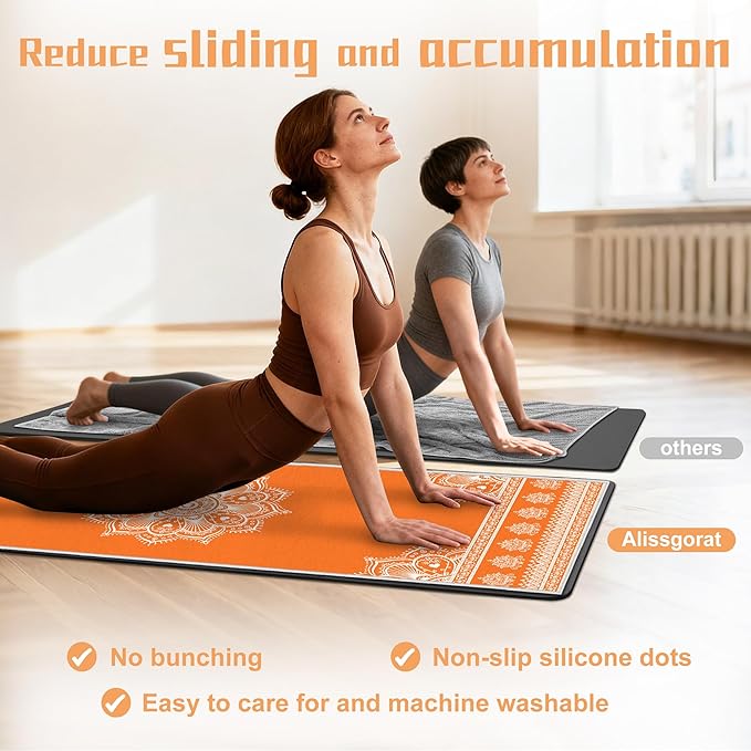 Yoga Towel,Absorbent Yoga Mat Towel for Hot Yoga Non Slip,Stylish Prints,Ideal for Workouts,Hot Yoga,Bikram,Pilates Equipment,72 x 27 in,Orange Mandala