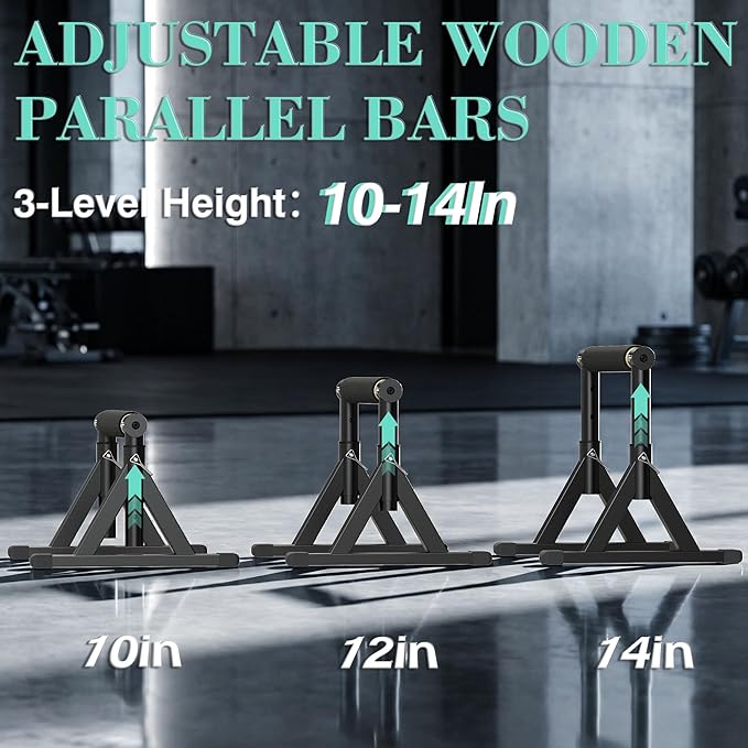 10-14'' Wooden Parallel Bar and Dip Bar with Adjustable Height and Non-Slip Handles, Rock-Free Fitness Equipment for Handstands, L-Sits, Gymnastics and Strength Training for Home Gym, 600lbs Capacity