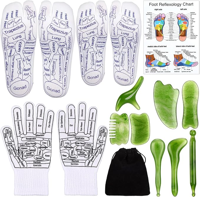 16 Pcs Reflexology Socks and Gloves with Tools Foot Reflexology Socks with Acupressure Gloves & 8 Pcs Massage Point Tools Foot Relief Acupressure Massager Set for Women and Men(Green)