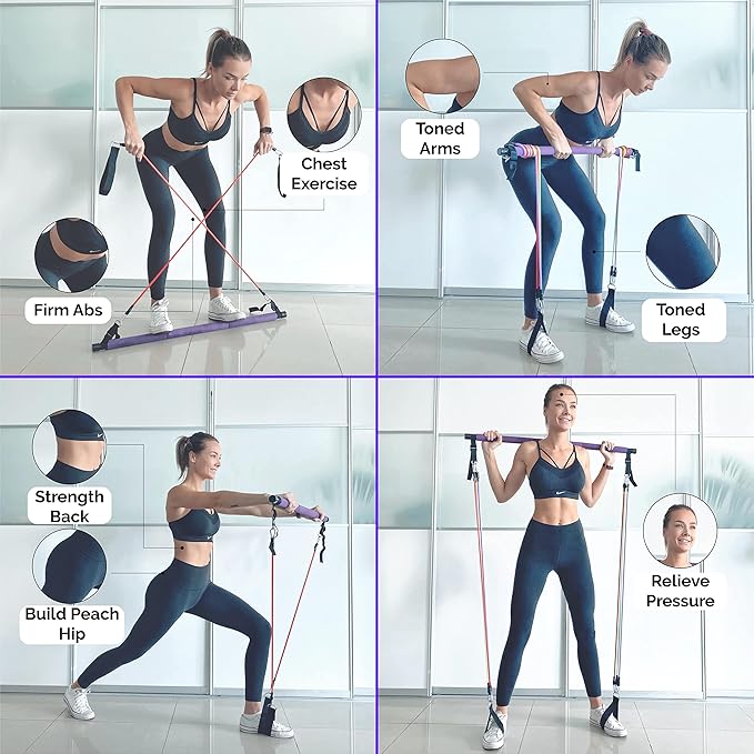 Portable Pilates Bar Kit with Resistance Bands (20, 30, 40, 50 LBS) – Adjustable Home Workout Equipment with 8 Week Training Program – Full Body Fitness Bar for Pilates, Strength Training