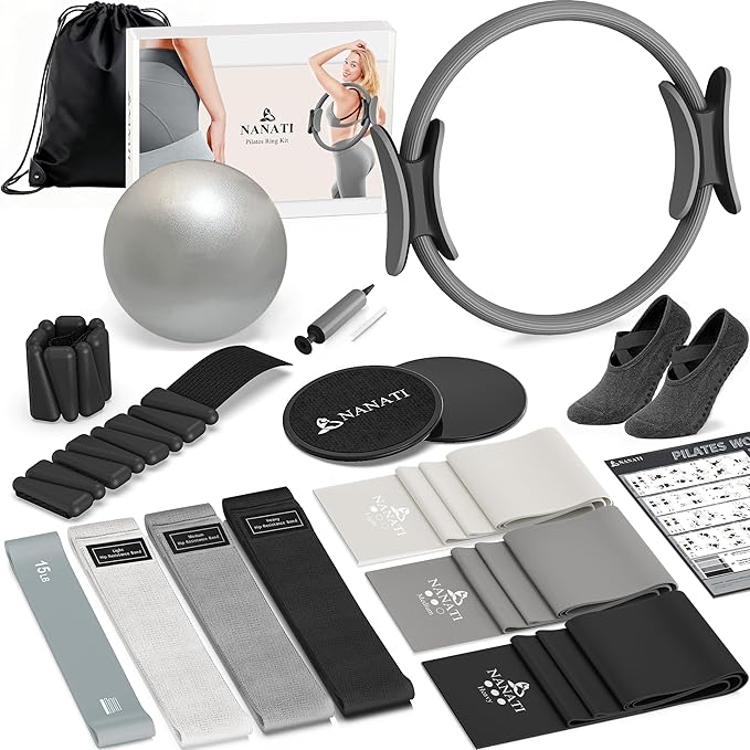 Pilates Kit, Home Pilates Workout Kit for Women, Pilates Equipment with 14.5" Pilates Ring and Ball, Resistance Bands, Ankle Weights, Sliders & Grip Socks Accessories for Starter Home Workouts