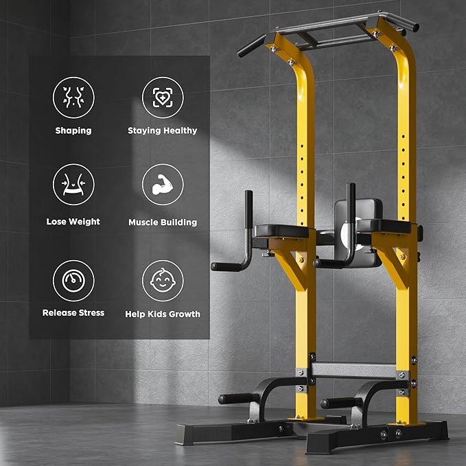DlandHome Power Tower Pull Up Bar Station, Heavy Duty Adjustable Height for Home Gym Strength Training Equipment 330LBS Weight Capacity, Pull Up Dip Station