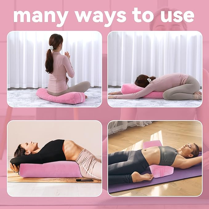 ROYALAY 2 Pcs Yoga Bolster Pillow for Restorative Yoga, Rectangular and Cylinder Meditation Pillow Set with Carrying Handles, Supportive Cushion for Exercise Workout Stretching Meditation,Pink