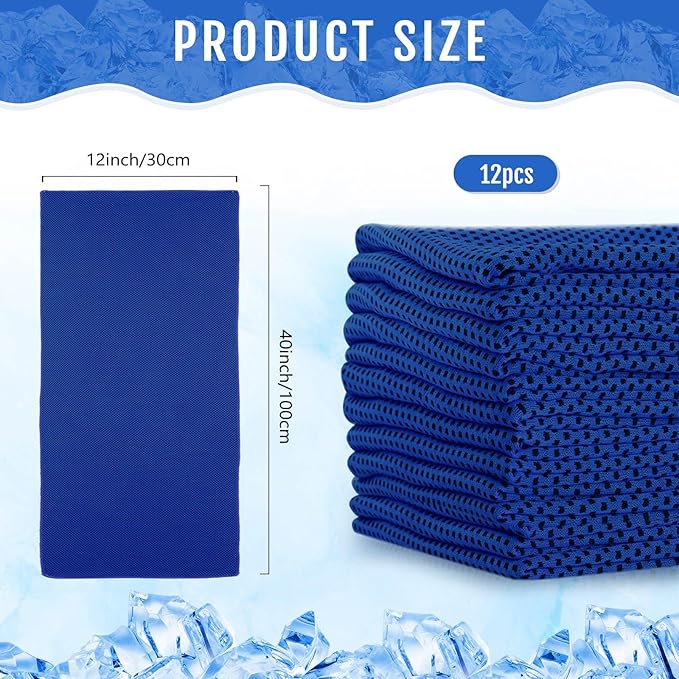 Hosuly 12 Pieces Cooling Towels for Hot Weather Soft Breathable Cold Towel Yoga Towels for Sweat, Sports, Workout, Fitness, Gym, Running, Travel Camping, 12 x 40 Inch (Dark Blue)