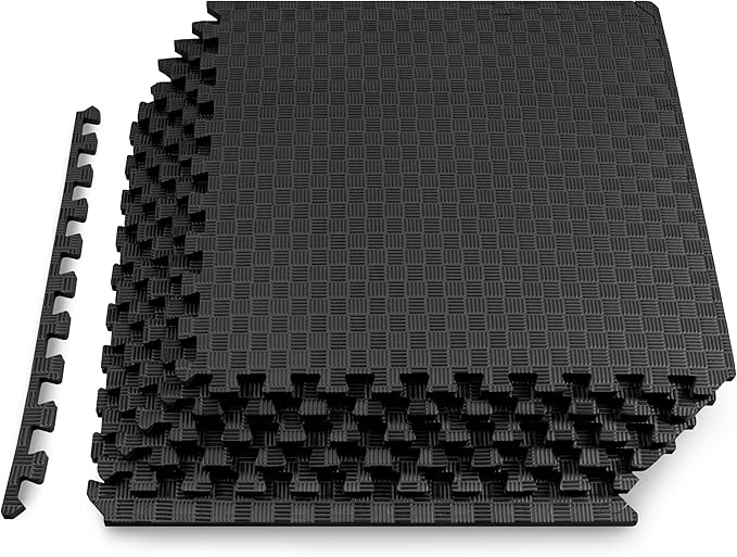 ProsourceFit Exercise Puzzle Mat ½-in, Checkered EVA Foam Floor Tiles w/Non-Slip Texture, Gym Mat w/Interlocking Foam Tiles for Adjustable Surface, Shock Absorbing, Waterproof Gym Flooring, Black