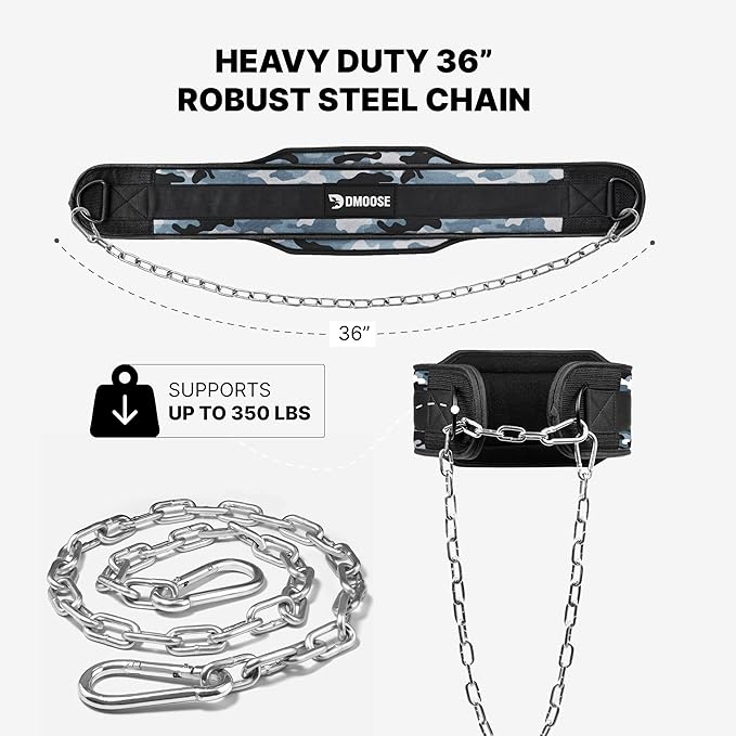 DMoose Fitness Dip Belt for Weight Lifting, Pullup, Squats & Dips - 36" Robust Steel Chain, Comfortable Neoprene Padding Supports 350lbs - Gym Weight Belt for Strength Training Workout & Weightlifting