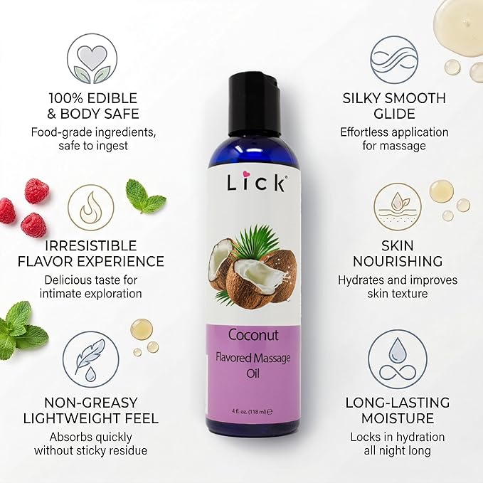 Lick Coconut Flavored Massage Oil – Tropical Edible Massage Oil with Sweet Almond Oil & Vitamin E, Hydrating Body-Safe Formula for Relaxing Couples Massage, 4 oz
