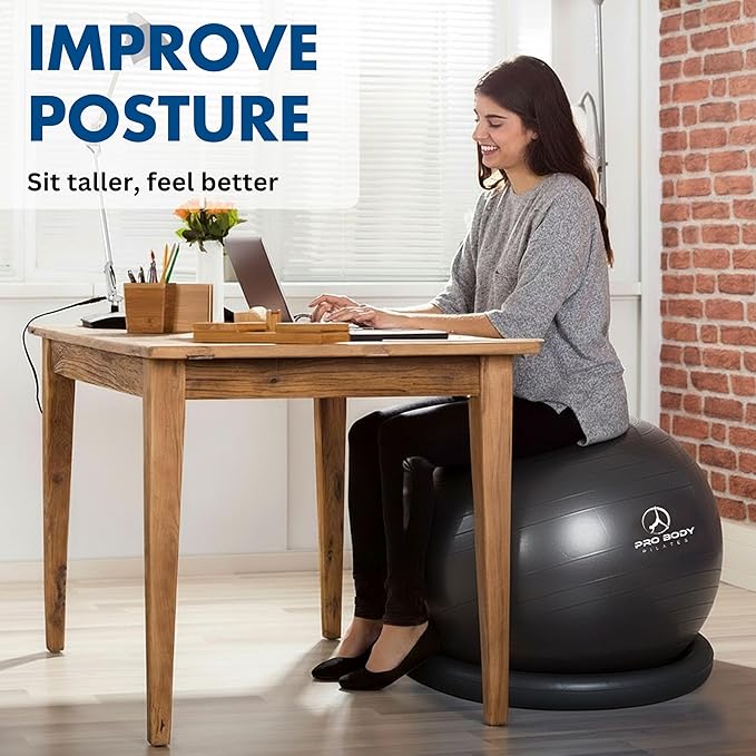 ProBody Pilates Yoga Ball Chair, Exercise Ball Chair with Base or Stand for Home Office Desk Sitting or Workout, Balance Ball & Stability Ball Seat for Back, abs
