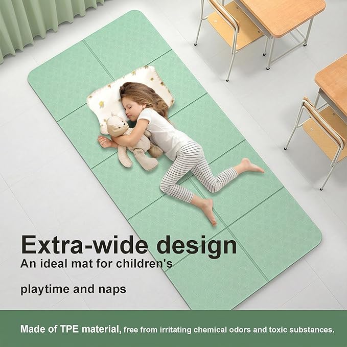 Foldable Yoga Mat 10 mm Thick Extra Wide 72"x28", Non Slip Travel Exercise Pad, TPE Compact Folding Pilates Floor Cushion for Home Gym & Nap, Mint Green