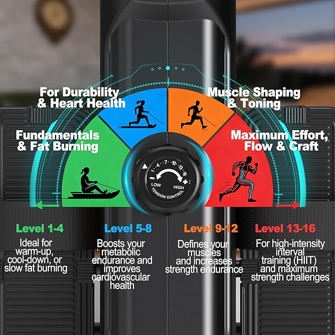 Rowing Machine Magnetic Rower with 16 Resistance Levels, Quiet Home Rowing Machine for Cardio Training, APP Connection, 160 kg Load Capacity, Vertical Storage
