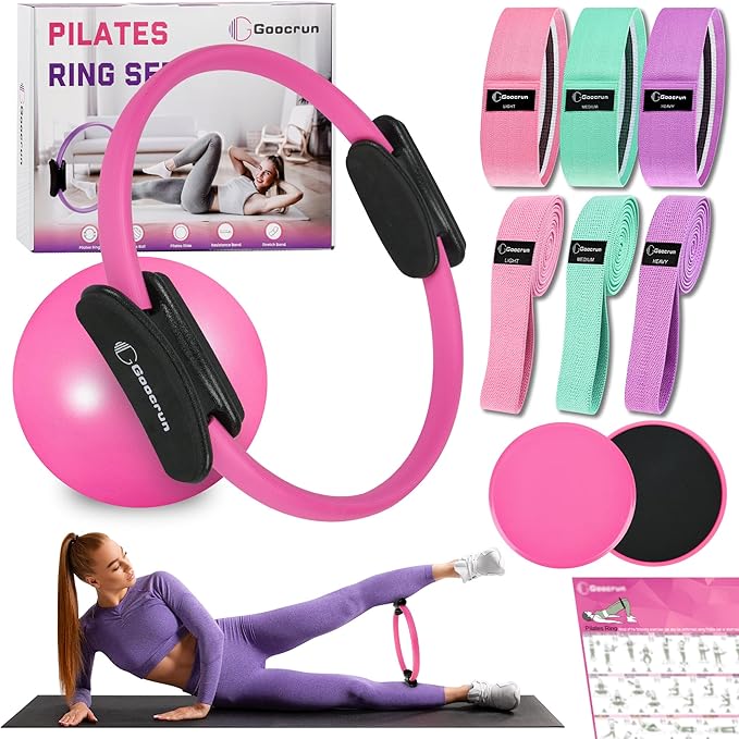 Pilates Ring Set Exercise Equipment, with Exercise Resistance Bands Set, Pilates Ball, Sliding Disks. Portable Home Gym - with Fitness Guide Poster