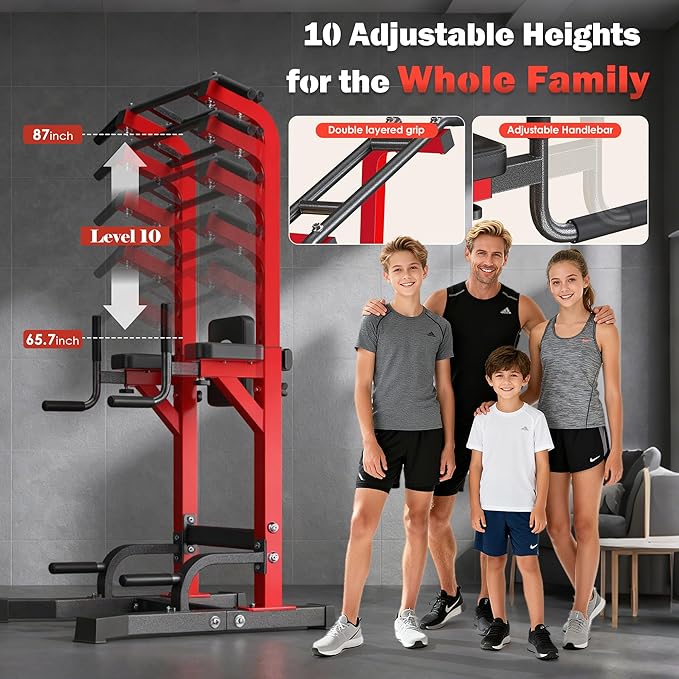 DlandHome Power Tower Pull Up Bar Station, Heavy Duty Adjustable Height for Home Gym Strength Training Equipment 330LBS Weight Capacity, Pull Up Dip Station