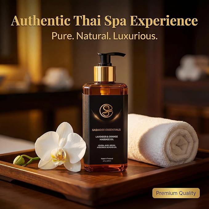 Aromatherapy Massage Oil - Lavender Oil & Orange 10 Fl Oz - Thai Body Oil for Massage Therapy with Jojoba, Avocado, Argan, Aloe, Almond - Relaxing Body Care & Self-Care