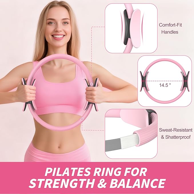 Pilates Kit, Home Pilates Workout Kit for Women, Pilates Equipment with 14.5" Pilates Ring and Ball, Resistance Bands, Ankle Weights, Sliders & Grip Socks Accessories for Starter Home Workouts