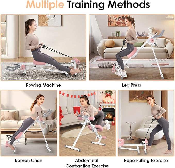 Foldable Ab Machine, 5-in-1 Adjustable Ab Trainer for Home Gym, Full-Body Core Workout Equipment with 10 Length Levels, LED Display & Silent Rollers | Sit-Up & Rowing Machine for Abs Sculpting