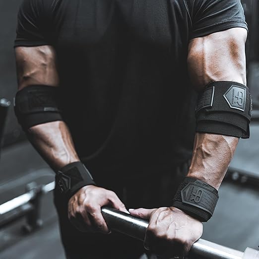 Elbow Wraps for Weightlifting - Heavy Duty Construction, 25% More Elasticity, Reinforced Stitching, Extra Wide Fastener, Easy to Adjust, All Black