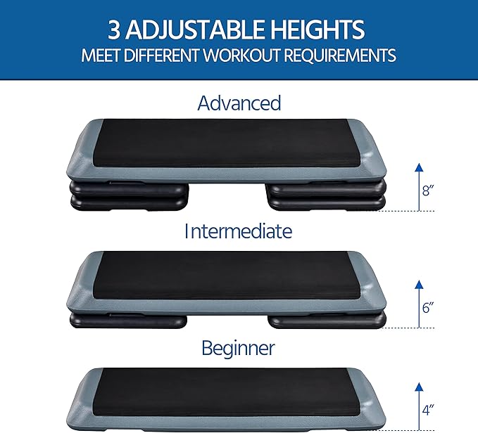 Yaheetech Aerobic Stepper, 4-6-8in Height-Adjustable Aerobic Exercise Step Platform Health Club Size w/Risers & Non-Slip Surface & Non-Marking Feet for Home Gym Workout & Training