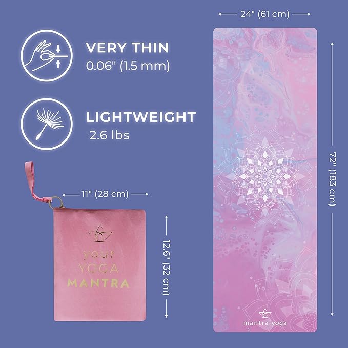 Mantra Yoga Travel PRO 1.5mm with Knee Pad - Foldable Fitness & Exercise Mat with Bag | Lightweight, Compact & Eco-Friendly | Non-Slip & Washable | For All Types of Yoga | 72" L x 24" W | 2.6 lbs