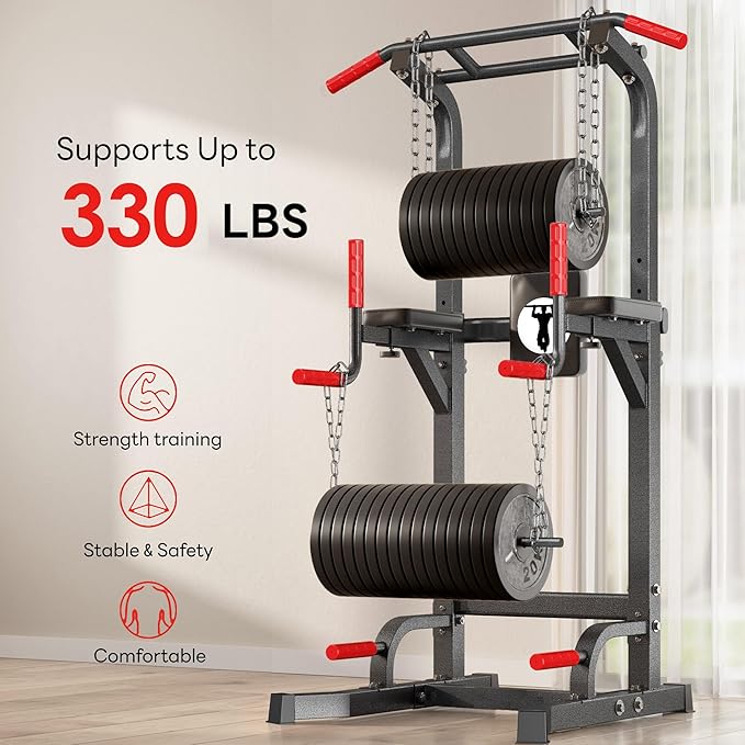 SogesPower Multi-Function Power Tower Pull Up Bar Station Pull Up Dip Station for Home Gym, 10-Level Adjustable Height Pull Up Bar Stand Dip Bar Strength Training Workout Equipment