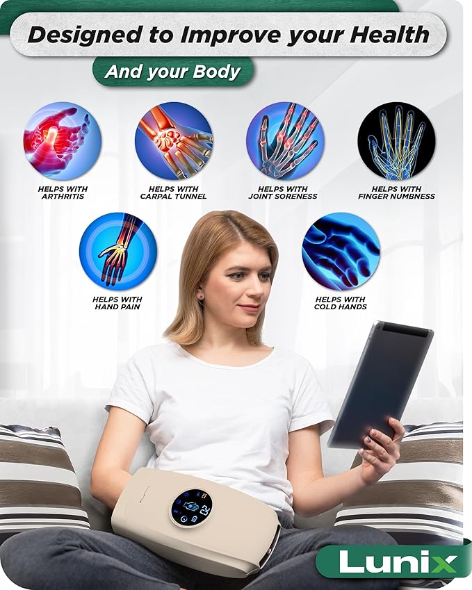 Lunix LX7 LCD Touchscreen Hand Massager, Heated Air Compression, for Arthritis & Carpal Tunnel Relief, Finger Numbness & Wrist Pain Relief, Cordless Rechargeable, Sand Beige