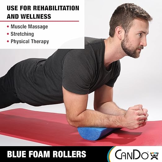 CanDo Blue PE Foam Rollers for Fitness, Exercise Muscle Restoration, Massage Therapy, Sport Recovery and Physical Therapy for Homes, Clinics, and Gyms 6" x 36" Half-Round (Pack of 3)