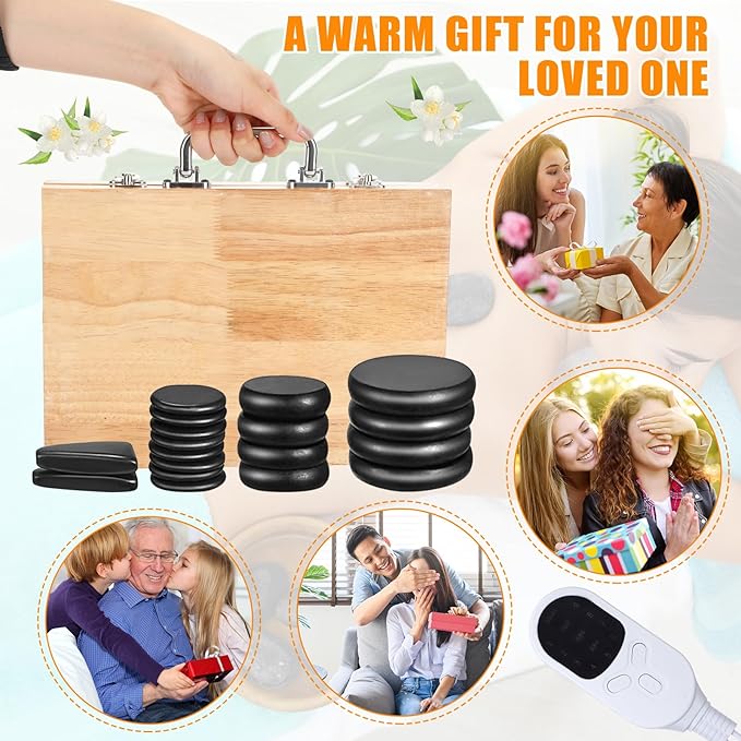 Hot Stones Massage Set 18 Pieces Basalt Hot Rocks Massage Rocks Kit Black Smooth Stones for Professional Home Spa Warming Relaxing Pain Relief, Constant 50°c (122°f)(Adjustable Temperature Wood Box)