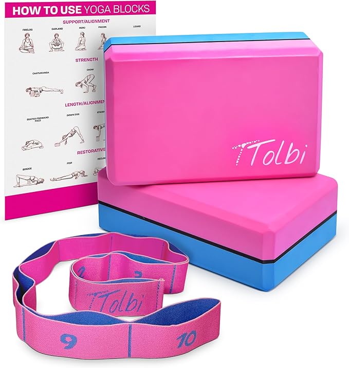 Yoga Blocks 2 Pack with Strap & Guide – Non-Slip EVA Foam Pilates Blocks for Home Workouts, Dance, Ballet, Gymnastics & Stretching Exercise | Ideal Dancer Gifts