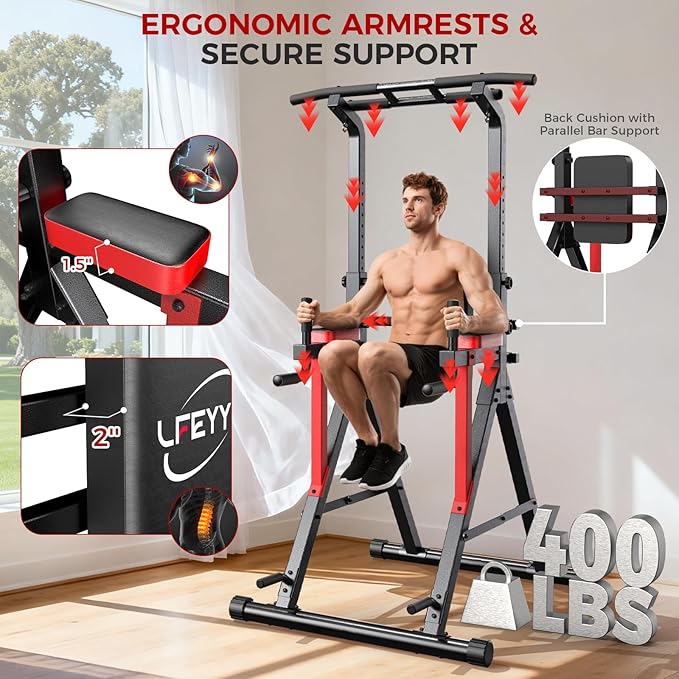 Power Tower Pull Up Bar Free Standing, 13-Level Adjustable Height Dip Station with X-Frame Stability, Multi-Grip Handles, Backrest, Anti-Slip Foot Pads, Home Gym Strength Training Equipment 400LBS