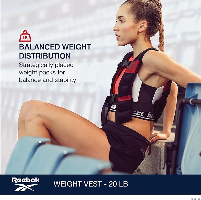 Reebok Weighted Vest Premium Adjustable Strength Training Vest with Reflective Trim for Full-Body Workouts, Cardio, Running & Rehabilitation – Comfort Fit, Durable Material