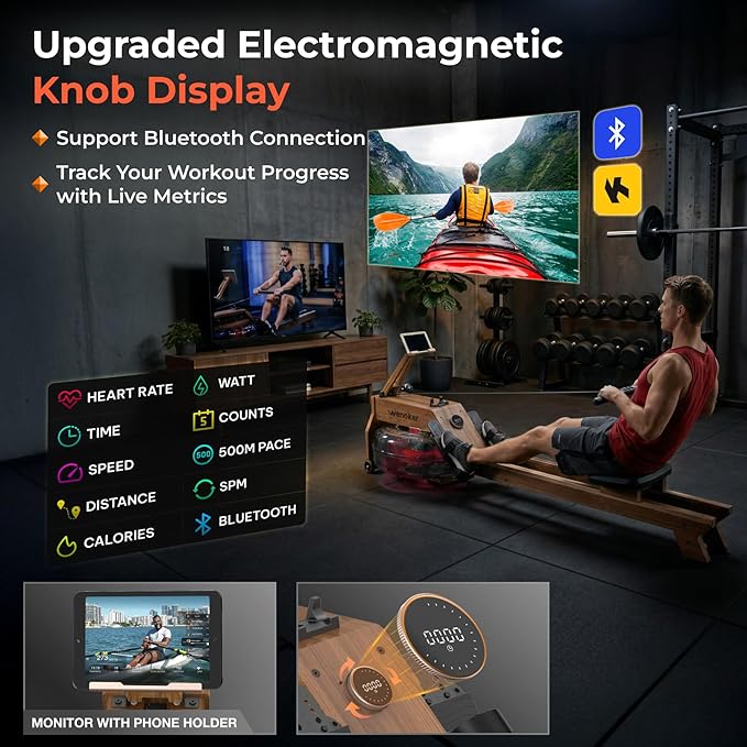 Water Rowing Machine for Home Use, WENOKER Wooden Foldable Rower Machine with Dedicated Monitor & Bluetooth APP, Large Water Tank & Comfortable Seat for Immersive Water Rower, 350LBS Weight Capacity