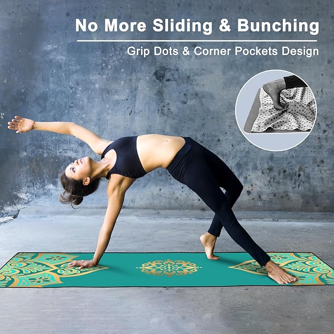 Colorful Star Yoga Towel with Corner Pockets, Non Slip Grip Dots Absorbent Hot Yoga Mat Towels, Yoga Blankets with Travel Bag, Mat Cover for Workout, Gym, Fitness - 74"x26", Turquoise Gold Mandala