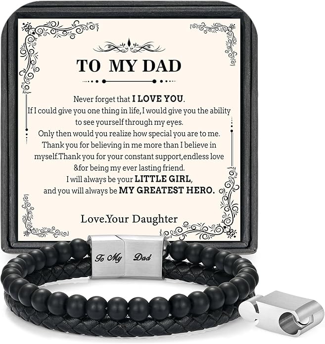 LUXEJEW Gifts for Men - Beaded Leather Bracelet 6mm Matte Agate Stone Bracelets for Men Dad Son Husband Boyfriend Grandpa Grandson Brother Uncle Nephew Adjustable Magnetic Clasp