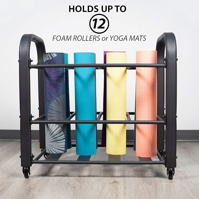 Synergee Yoga Mat Storage Rack – Storage Cart for Yoga Mats, Foam Rollers & Mobility Equipment. Perfect for Yoga Studio or Commercial Gym.