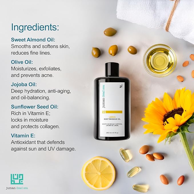 Juman Dead Sea Therapeutic Body Massage Oil | Lemon Scented | Enriched with Olive, Sweet Almond and Other Essential Oils | Relaxing, Massage Oil | for Silky & Softer Skin | Body Moisturizer | 6.76 OZ