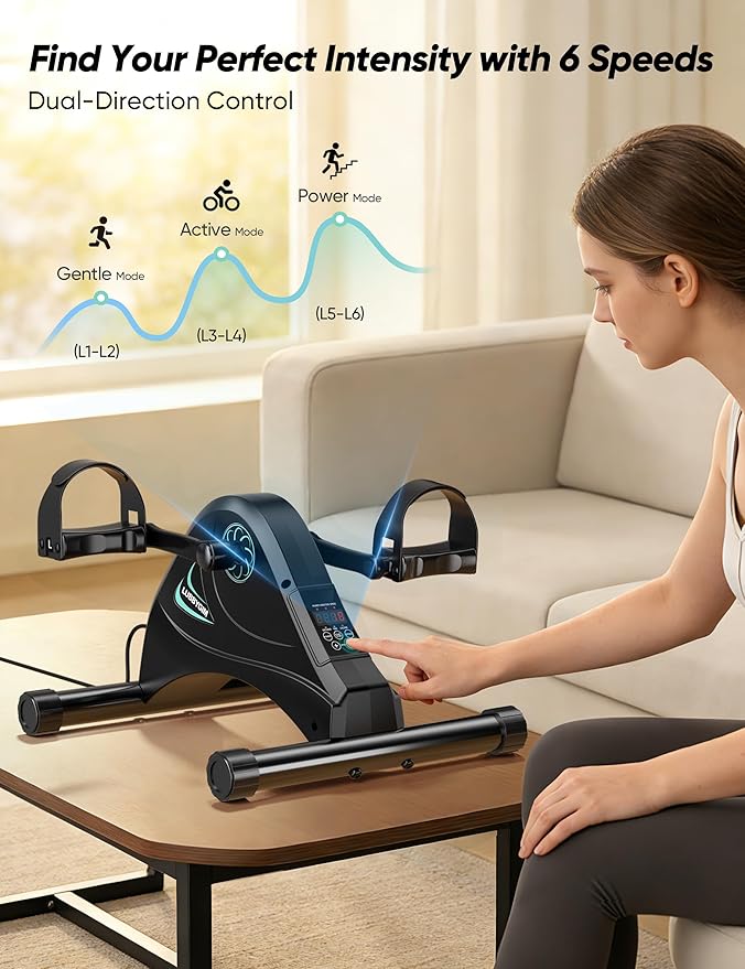 LUBBYGIM Mini Exercise Bike, Under Desk Bike Pedal Exerciser for Seniors & Physical Therapy, Electric Motorized Foot Pedal Machine for Arm and Leg Fitness, 6 Speed Levels