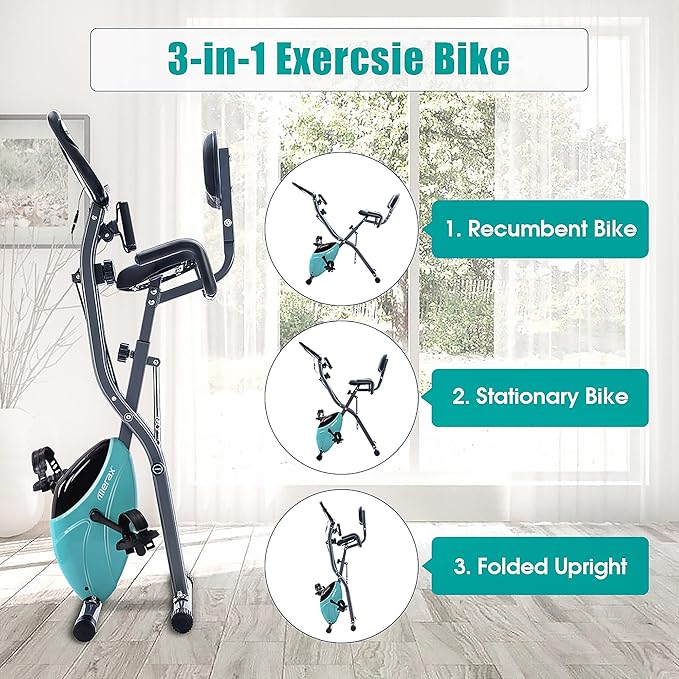 Merax Workout Bike For Home - 2 In 1 Recumbent Exercise Bike and Upright Indoor Cycling Bike Positions, 16 Level Magnetic Resistance Exercise Bike, Foldable Stationary Bike Machine, Fitness Bike