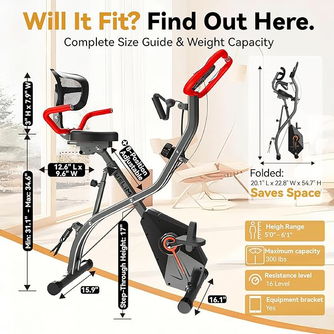 Foldable Exercise Bike Stationary Bikes for Home, 5 IN 1 Indoor Workout Bike, Cycling Bike with 16-Level Quiet Magnetic Resistance, 6.6 LBS Flywheel and 300LBS Capacity for Senior and Home Workout