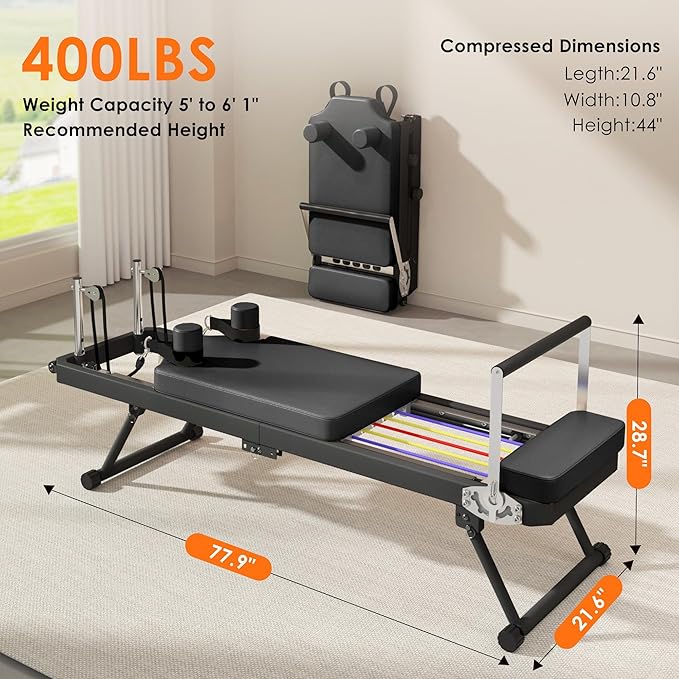 Pilates Reformer Machine for Home Use,Foldable Studio Grade Pilates Equipment, Reformer Pilates Machine with 5 Springs & 11 Resistance Levels | Suitable for Beginners& Professionals