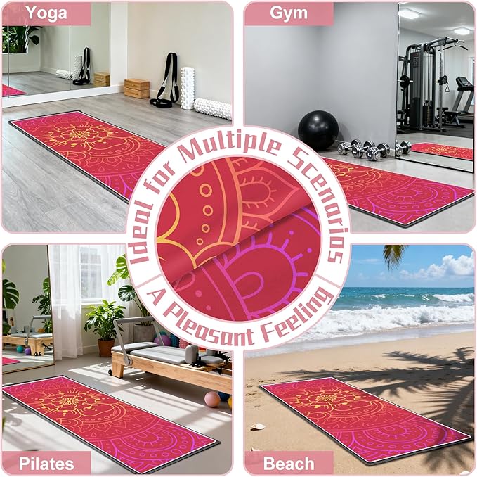 Yoga Towel,Absorbent Yoga Mat Towel for Hot Yoga Non Slip,Stylish Prints,Ideal for Workouts,Hot Yoga,Bikram,Pilates Equipment,72 x 27 in,Red Flowers