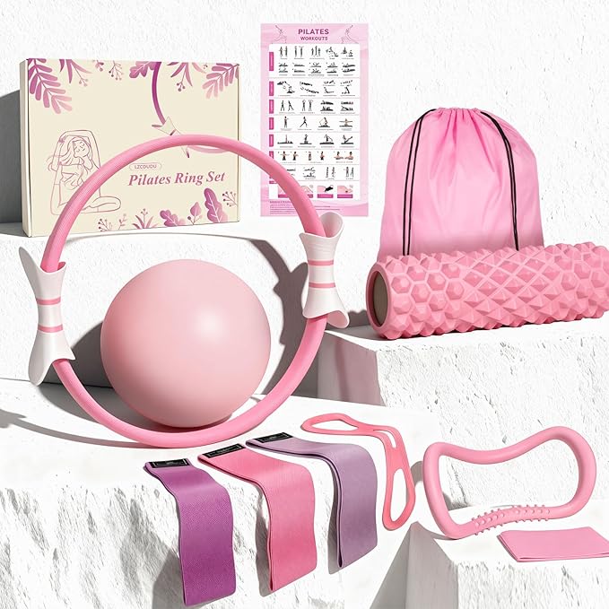 Pink Pilates Ring Kit with 14.5 inch Magic Circle & Foam Roller, Ergonomic Home Workout Equipment Set, Full Pilates Essentials for Women Beginners - Includes Exercise Guide & Storage Bag