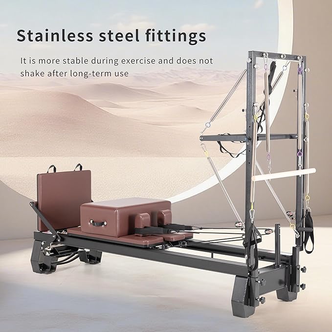 Foldable Oak Wood Pilates Reformer Machine with Reformer Box & Jump Board for Home, Studio, Gym & Yoga - 12-Level Resistance, Adjustable Shoulder Pad, Lightweight Aluminum Frame & PU Leather Carriage
