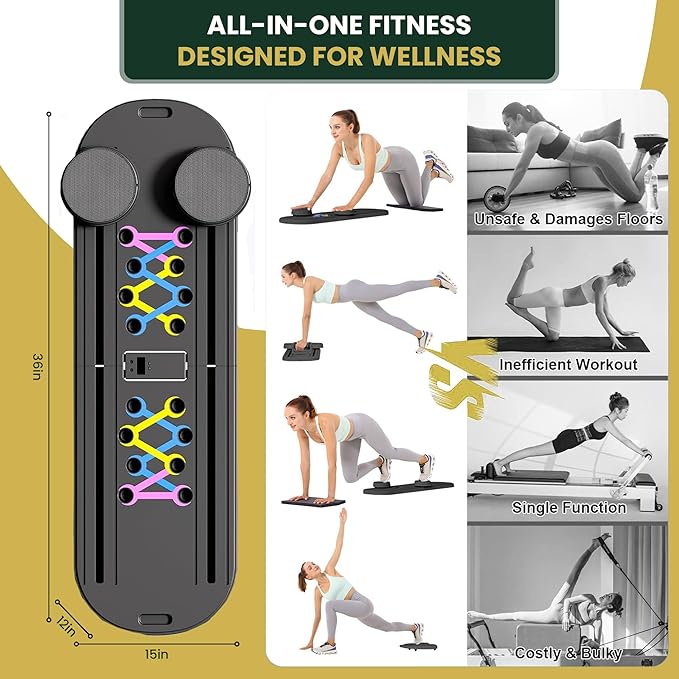 Pilates Board, 9 in 1 Multi-Purpose Foldable Pilates Reformer Set, Portable Pilates Reformer Board with Yoga Socks & Resistance Bands, Best for Women Fitness & Exercise at Home Pilates Workout Board