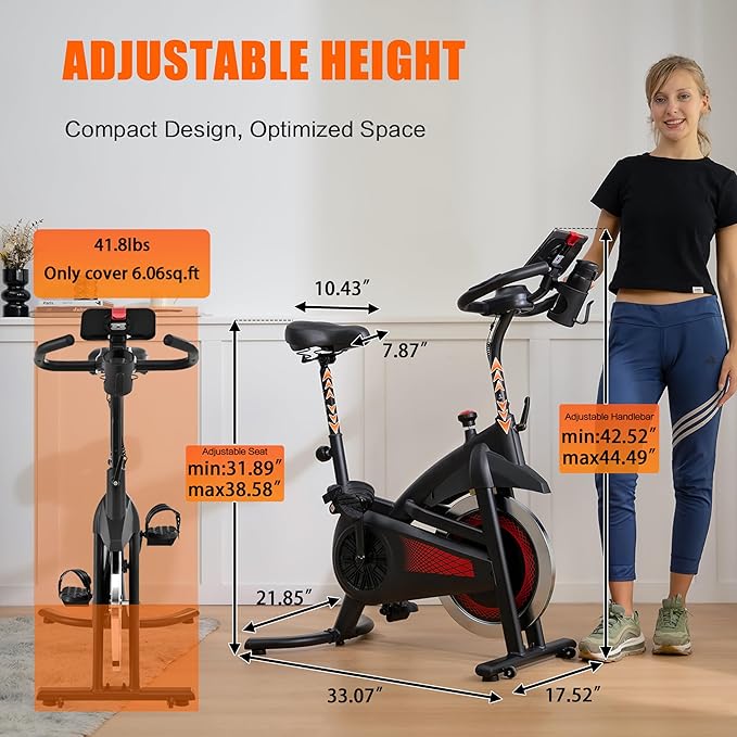 Exercise Bike, Wool Felt Brake Pad Stationary Bike - Quiet Belt Drive Indoor Cycling Bike for Home Cardio, Adjustable Handlebar & Extra Soft Seat, Digital LED Monitor with 300lb Weight Capacity