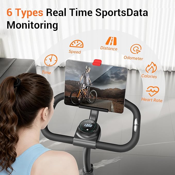 CURSOR FITNESS Exercise Bike, Brake Pad Stationary Bike for Home with Exclusive App, Stationary Bikes for Home with 300 lb Weight, Indoor Cycling Spin Bike Workout Bike with Extra Comfort Seat